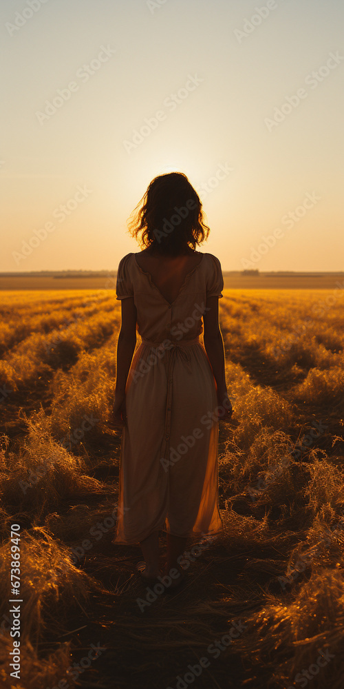 Woman facing sunset in field