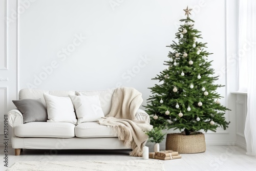 Cozy minimalistic stylish living room in pastel color with sofa, pillows and plaid. Natural christmas tree decorated with balls and star, gift boxes, new year's eco decor 