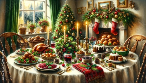Festive Christmas banquet scene in watercolor with holiday decorations.