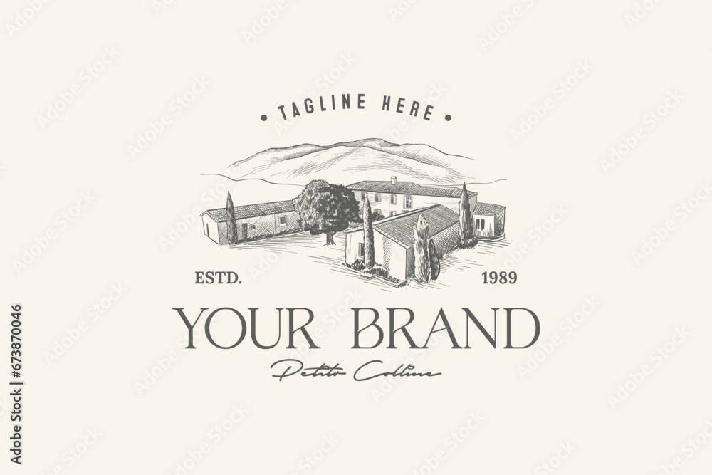 Naklejka premium hotel building illustration logo with an eagle's eye view, classic vintage style