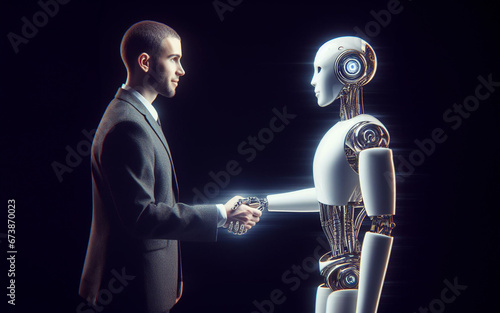 People and robots hold hands in the modern world Humans work together to work with artificial intelligence AI photo