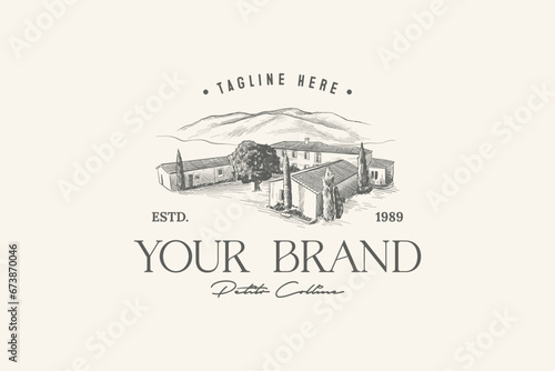 hotel building illustration logo with an eagle's eye view, classic vintage style