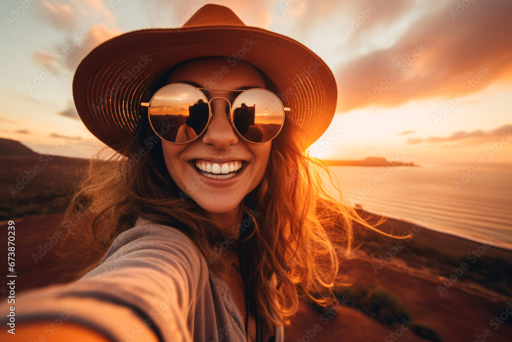 Female traveler taking a selfie at sunset Female traveler taking a selfie at sunset