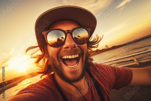Happy tourist taking selfie at sunset