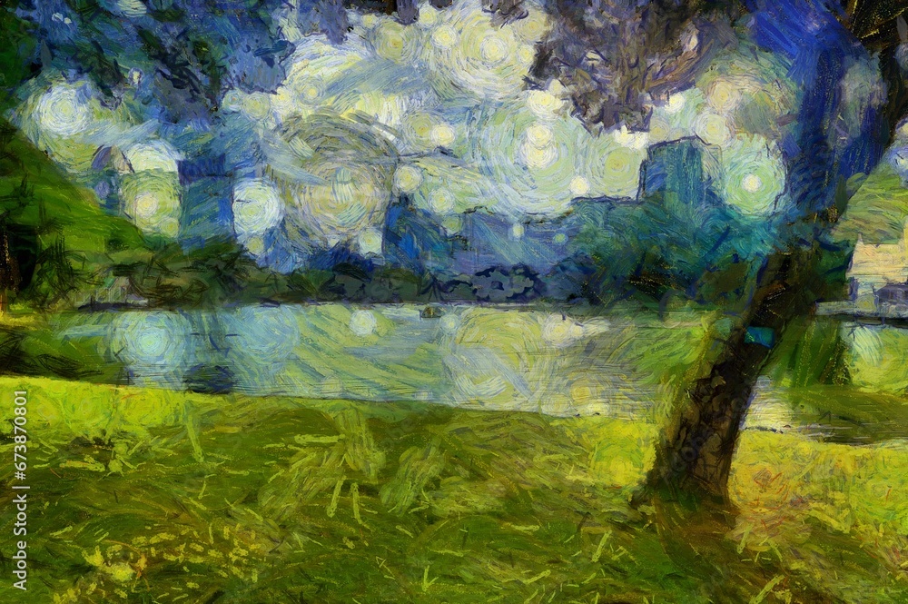 Obraz premium The landscape of the big city park is an impressionist style painting.