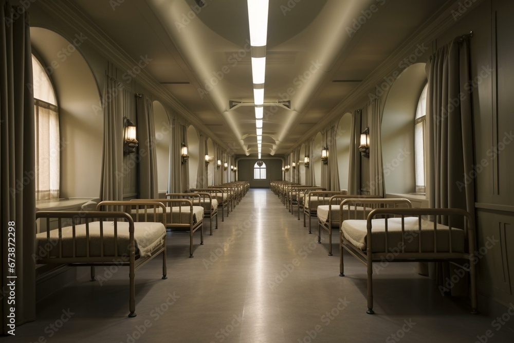 Interior of a hospital ward with gray walls and wooden fixtures, featuring a row of beds. Generative AI