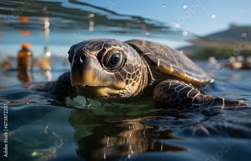 Underwater shot of a sea turtle among plastic trash, Concept: illustration of the environmental problem of ocean plastic pollution, marine fauna conservation and the fight against plastic waste