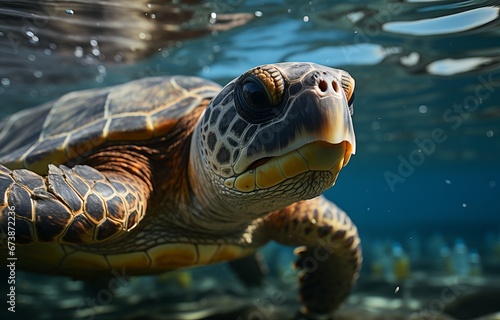 Underwater shot of a sea turtle among plastic trash, Concept: illustration of the environmental problem of ocean plastic pollution, marine fauna conservation and the fight against plastic waste © PRO Neuro architect