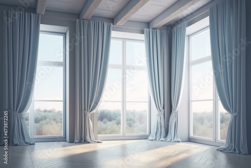 Open windows, fresh air fills the room. Wind lifts curtains. 3D rendering. Generative AI