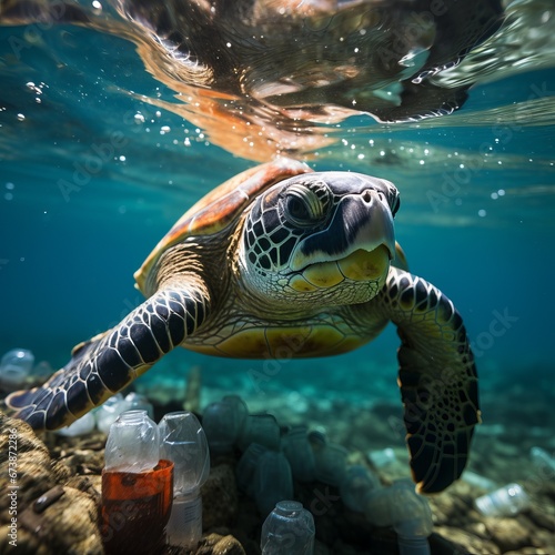 Underwater shot of a sea turtle among plastic trash, Concept: illustration of the environmental problem of ocean plastic pollution, marine fauna conservation and the fight against plastic waste