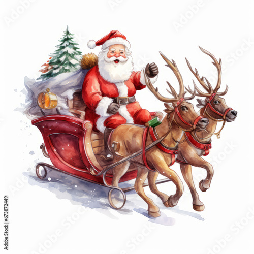 Santa Claus rides in a sleigh, Christmas and New Year's theme in watercolor style on white background