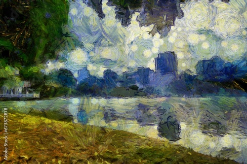 The landscape of the big city park is an impressionist style painting.