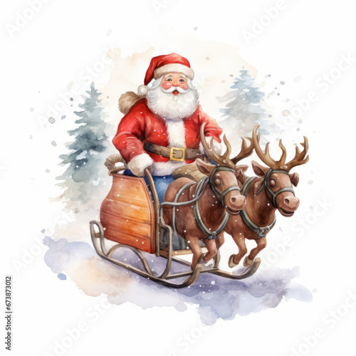 Santa Claus rides in a sleigh, Christmas and New Year's theme in watercolor style on white background