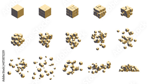 Stages of destruction of a cube by an explosion. Template for web illustrations and computer graphics. Vector illustration