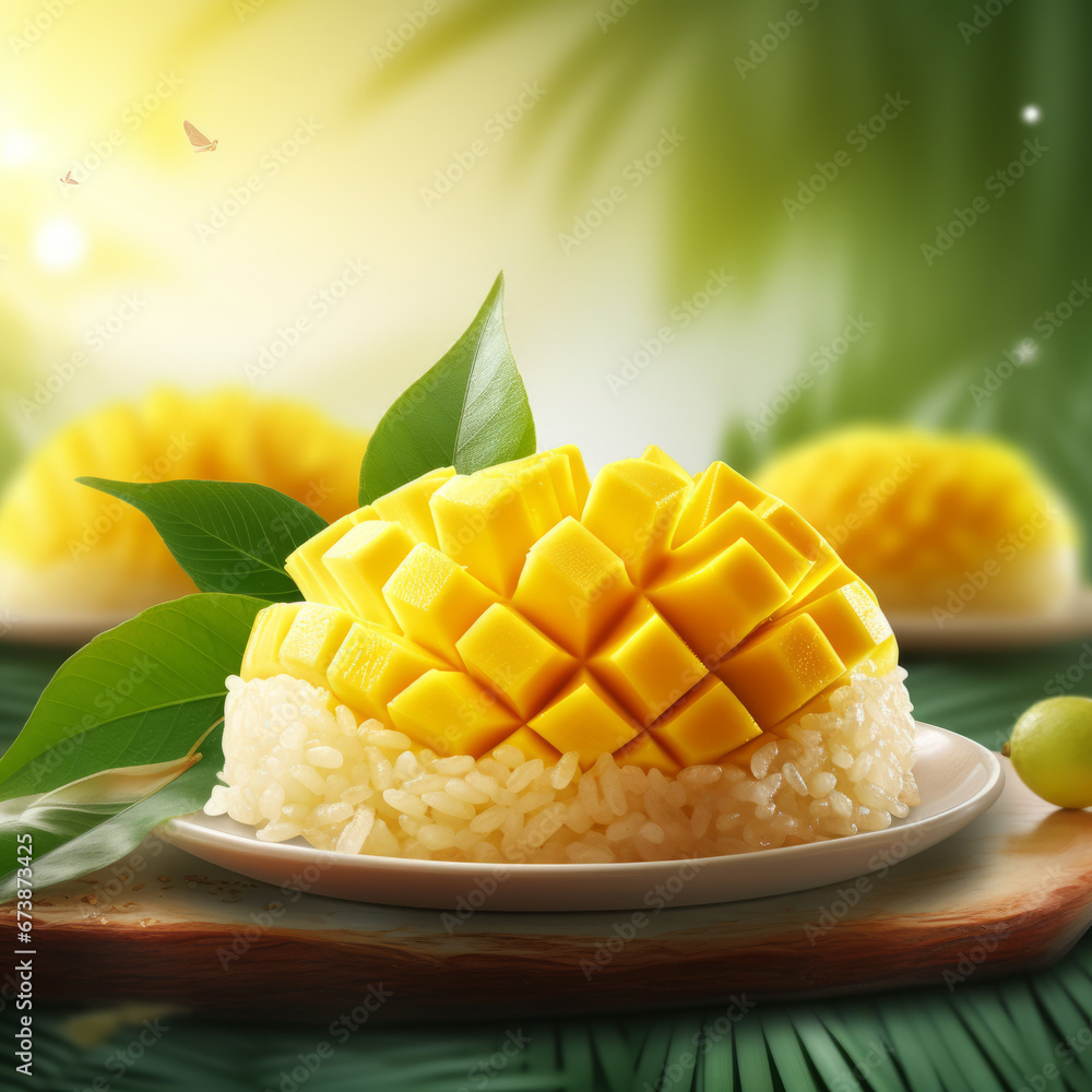 Mango sticky rice in a Thai dessert dish,Thai food Mango sticky rice in a Thai dessert dish,Thai food
