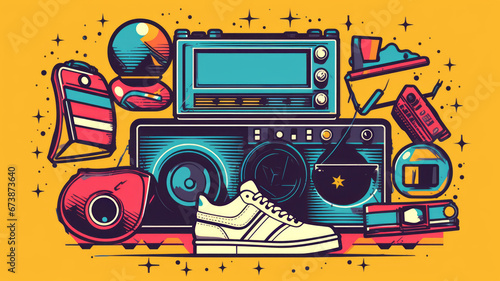 Design 80s-themed online clothing store logo   roller skates  cassette tapes.