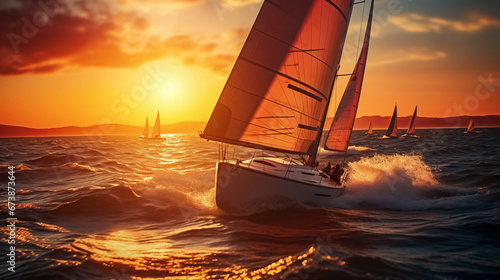Sailing yacht in the sea at sunset. 3d render. Sailing regatta. Luxury sailing yacht. © korkut82