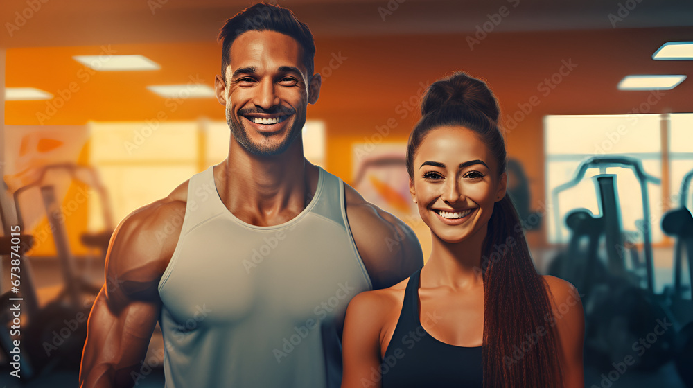 Woman and man fitness trainers smile and look at the camera on the background of the gym. Smiling positive sports couple in the gym. illustration Woman and man fitness trainers smile and look at the camera on the background of the gym. Smiling positive sports couple in the gym. illustration