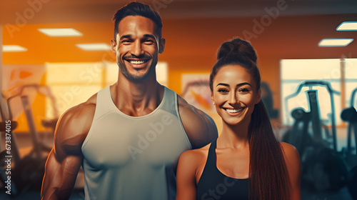 Woman and man fitness trainers smile and look at the camera on the background of the gym. Smiling positive sports couple in the gym. illustration