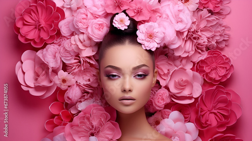 beauty Art brunette girl with pink peonies flowers in her hair and professional makeup, on a studio pink background with copy space. The concept of naturalness of cosmetic products and cosmetology.