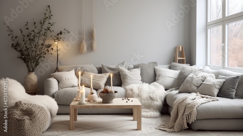 Inviting Living Room with Cozy Sofa and Decorative Pillows generated by AI tool 