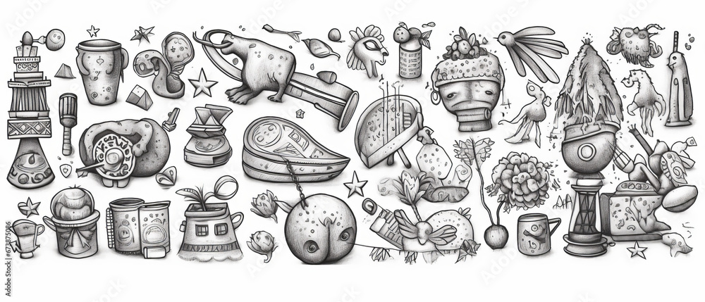 Naklejka premium New Year themed lucky charms hand drawn line drawing illustration on white background,generative ai