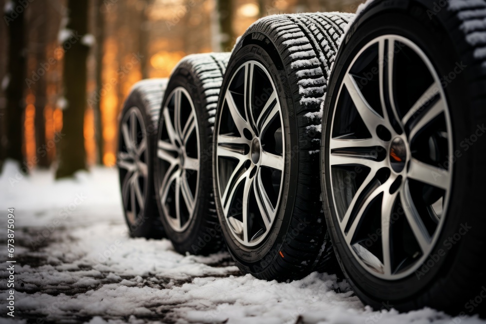 New car tires on the snow. Background with selective focus and copy space New car tires on the snow. Background with selective focus and copy space