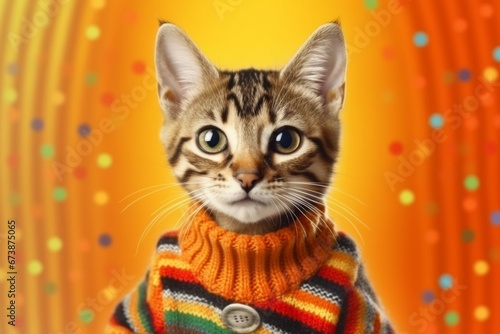 A beautiful cat in clothes on an autumn backdrop. Background with selective focus and copy space