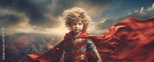 Abstract photography of the cute baby in costume of superhero.