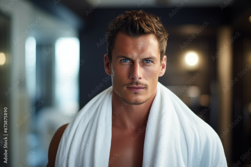A man gets out of the shower. Portrait with selective focus and copy space A man gets out of the shower. Portrait with selective focus and copy space