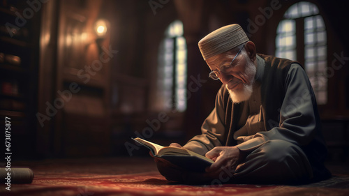 A Muslim senior sitting in masjid reading quran before prayer time. photo