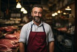 The man is a professional butcher. Profession concept. Portrait with selective focus and copy space