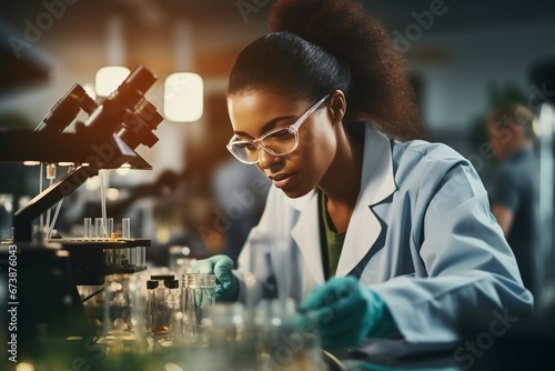 Female microbiologist. Portrait with selective focus and copy space
