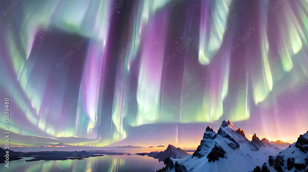 Natural landscape in winter and brilliant aurora in the sky