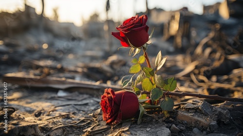 Red rose on the ruins for innocent victims of war photo