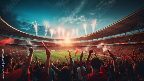 Euphoric Fans Celebrate in Soccer Stadium. Generative ai © Scrudje