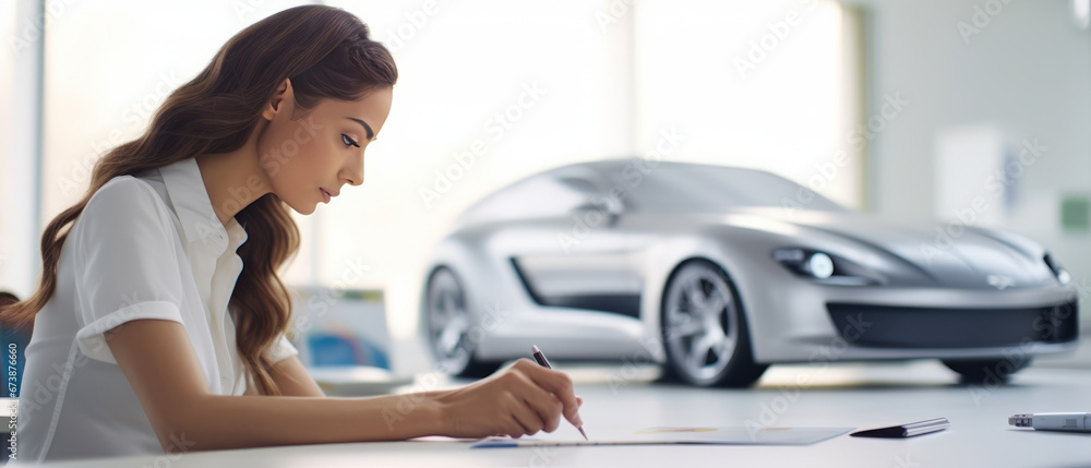 Professional female car designer working in a clean white studio Professional female car designer working in a clean white studio