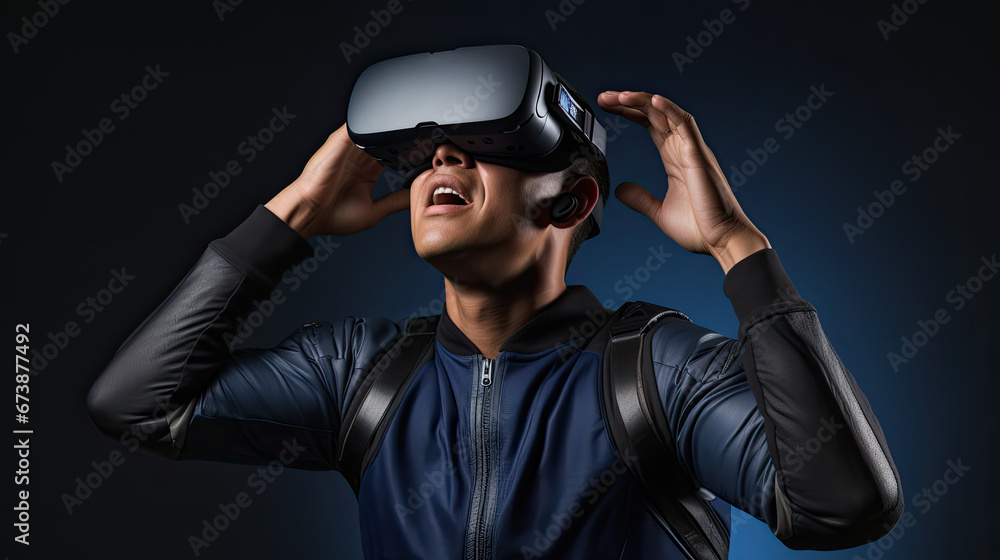 Young asian man enjoy virtual reallity experience wearing VR glasses.