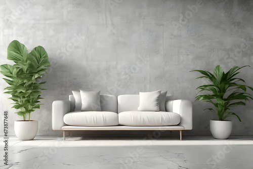 White sofa and potted houseplant against concrete wall. Minimalist home interior design of modern living room  panorama.