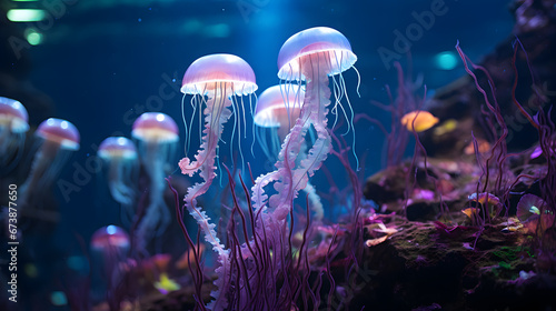 A serene jellyfish exhibit, with softly glowing bioluminescent creatures as the background context, during a peaceful nocturnal aquarium experience photo