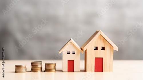 Small wooden toy houses next to stacked coins. Real estate market concept.