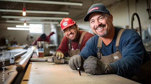 Two male carpenters smiling working on the carpentry. photo