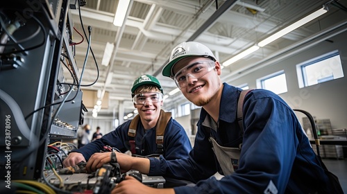 Two young electrician students smile while doing work practices, vocational training concept.