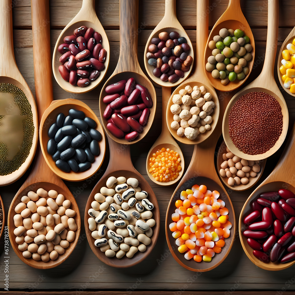 An assortment of beans and lentils neatly placed in wooden spoons on a teak wood background