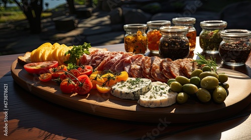 Mezze platter with varied food, mixing vegetables, sausages, meats and sauces