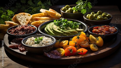 Mezze platter with varied food, mixing vegetables, sausages, meats and sauces
