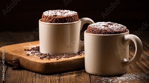 Mug chocolate cakes  on a wooden table.