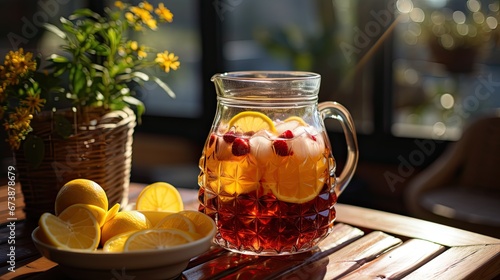 Fresh spanish sangria on a transparent jar with sliced oranges and ice cubes.