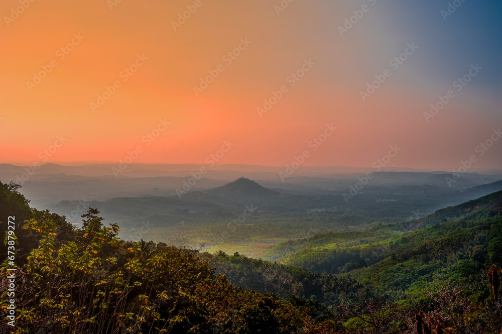 Beautiful Sunset Mountain landscape from Perinthalmanna, Kerala, India 