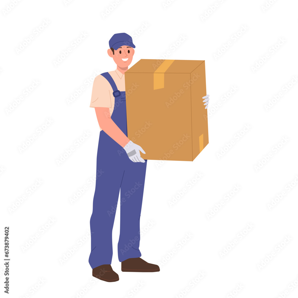 Courier loader cartoon character providing help in relocation and home moving isolated on white Courier loader cartoon character providing help in relocation and home moving isolated on white